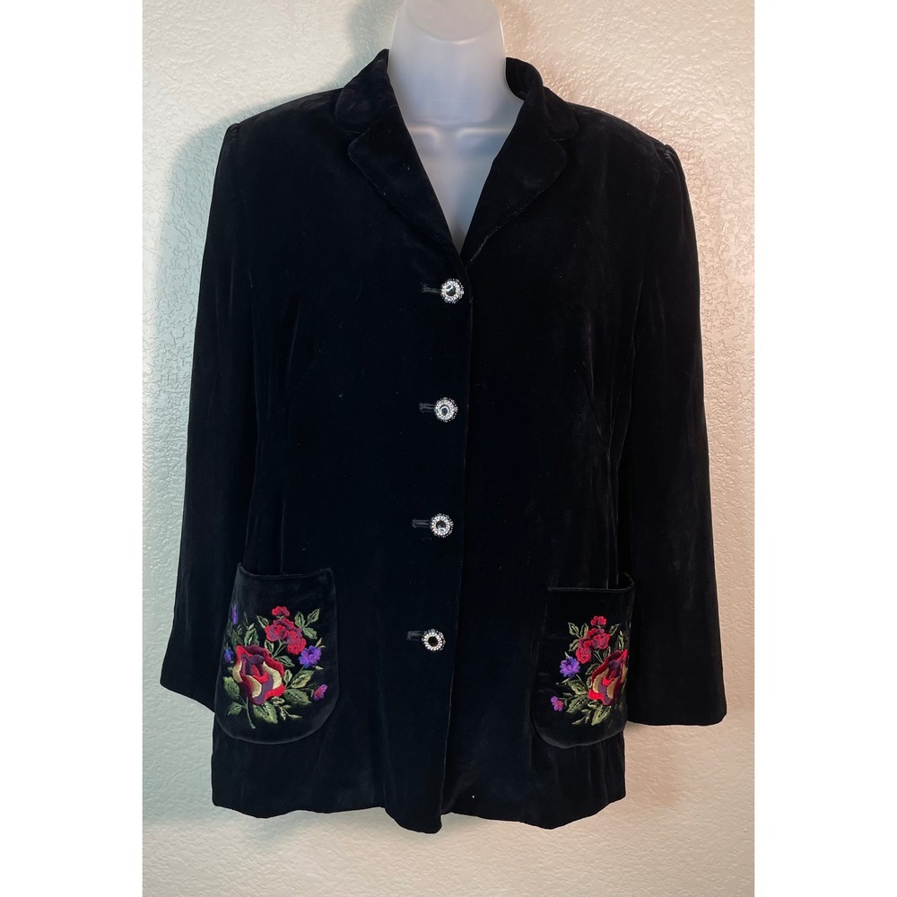 Womens Large Black Velvet Blazer Floral Embroidered Rhinestone Button Coat Event